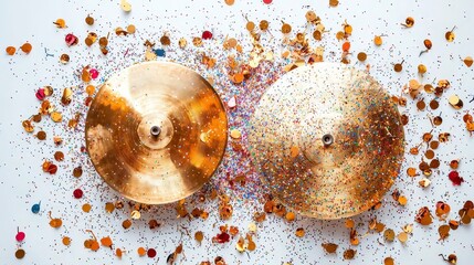 Wall Mural - Golden cymbals lie surrounded by an array of colorful confetti and musical notes, representing the joy and festive spirit that music brings to our lives.