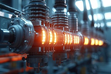 Close-up of a metallic industrial machine with glowing orange lights