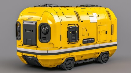 Futuristic yellow vehicle on wheels.