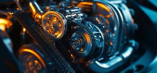 Fototapete - Close-up of a car engine with a belt and gears.