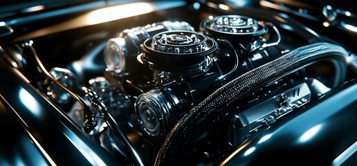 Poster - Close-up of a shiny and detailed car engine, showing intricate components and metallic parts.