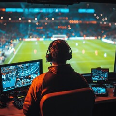 a sportscaster monitors a live football match from a control room filled with screens and lights.