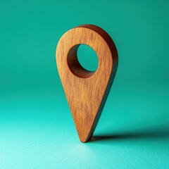 Wooden location pointer on a teal background, symbolizing navigation and finding paths.