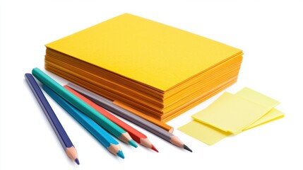 Isolated stack of index cards, pencils, and sticky notes on a white background, ideal for study sessions