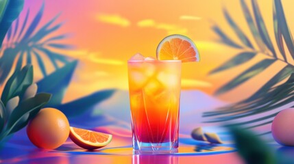 Minimalist tequila sunrise cocktail with bright layers on a vibrant, tropical background