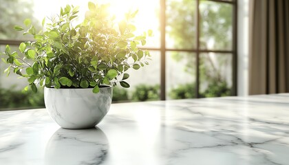 Stylish potted plant with lush green foliage on a white marble table, bright and inviting room, contemporary decor style, abundant copy space for design needs