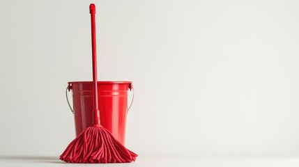 A bright red mop and cleaning bucket placed against a clean white background, illustrating readiness for tackling household chores with style.