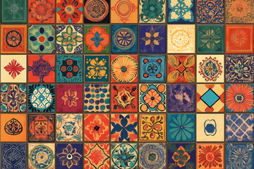 Vibrant Indian-Inspired Geometric Pattern: A Colorful Array Of Squares, Triangles, Circles, Flowers, Leaves, And Vines In Traditional Hues Of Red, Orange, Blue, Green, Purple, Gold, And Bronze