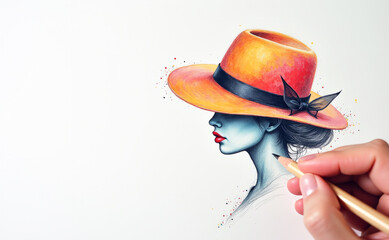 the artist paints a beautiful woman in a hat on a white background