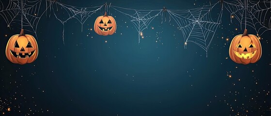 Three Jack-o'-lanterns hanging from spider webs against a dark blue background with glowing dust particles.