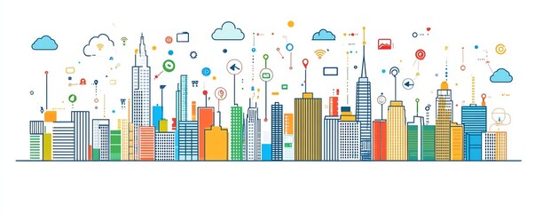 Poster - Charming city skyline illustration showcasing digital device and cloud icons, representing urban cloud computing, complemented by a central abstract visual of global connectivity