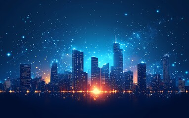 Aufkleber - Dynamic city skyline illustration with digital connections and cloud computing icons, showcasing the impact of modern technology on urban living and infrastructure