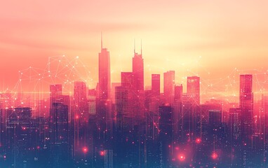 Poster - Dynamic city skyline illustration with digital connections and cloud computing icons, showcasing the impact of modern technology on urban living and infrastructure