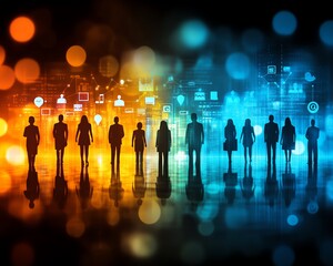 Aufkleber - Engaging business network concept displaying silhouettes of professionals alongside social media icons, set against a blurred background with an artistic double exposure effect