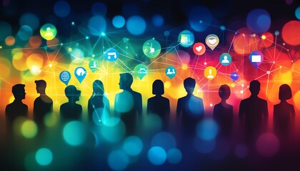 Aufkleber - Impactful business networking concept featuring the silhouettes of individuals and social media icons on a blurred backdrop, enhanced with an eyecatching double exposure effect