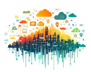 Poster - Modern city skyline with a rich array of digital device icons and clouds, representing cloud computing, anchored by a central abstract global network connection visualization