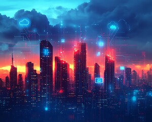 Poster - Modern city skyline with digital links and icons representing cloud computing, showcasing how technology enhances and transforms urban living experiences