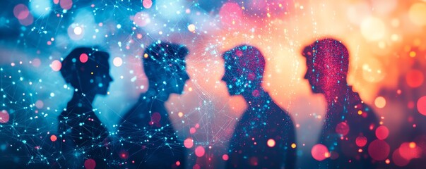 Aufkleber - A creative representation of a business network with silhouettes of professionals and social media icons set against a blurred background