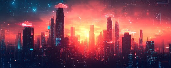 Poster - A futuristic city skyline adorned with cloud computing icons and digital connections, symbolizing the evolution of technology within urban landscapes