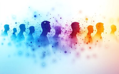 Aufkleber - A modern business network visualization with business people silhouettes and social media icons layered over a softly blurred background, employing a unique double exposure style