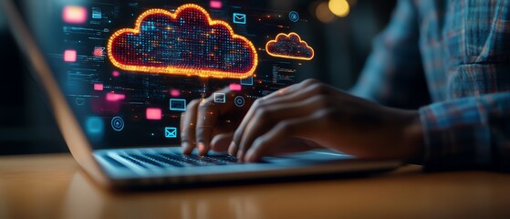 Leinwandbilder - A person engaged in typing on their laptop, with vivid icons of cloud technology and data hovering above, representing the cloud server for storing businessrelated images and text