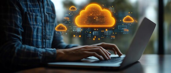 Poster - A person engaged in typing on their laptop, with vivid icons of cloud technology and data hovering above, representing the cloud server for storing businessrelated images and text