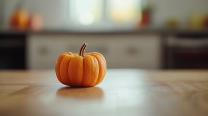 Fresh Pumpkin on Wooden Table in Cozy Kitchen