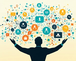 Poster - Illustration of a business person reaching out with hands to digital icons of people on a virtual screen