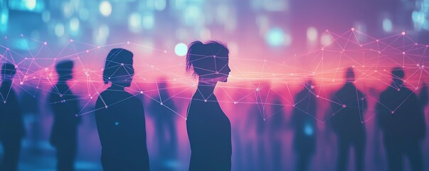 Fototapete - A clean and simple graphic of interconnected people within a digital network