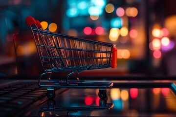 A shopping cart sits on a shiny surface, illuminated by colorful city lights at night. The bokeh effect creates a lively atmosphere, suggesting an urban shopping experience