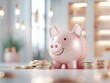 © Yelloone - A cheerful pink piggy bank surrounded by coins, symbolizing saving, finance, and smart money management in a contemporary setting.