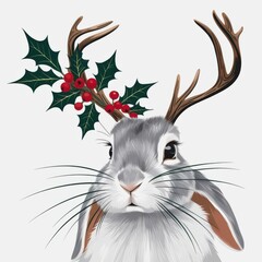 Wall Mural - Charming Rabbit with Antlers and Holly Decoration