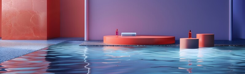 Background water podium product 3d cosmetic abstract platform blue beauty. Render background podium water scene red display set backdrop presentation purple wall floor stone stand object minimal. 