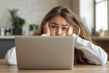 A woman is sitting at a table with a laptop in front of her. She is looking at the screen with a concerned expression on her face