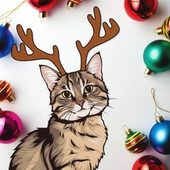 Wall Mural - Retro Christmas Cat with Antlers and Ornaments