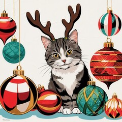 Wall Mural - Retro Christmas Cat with Antlers and Ornaments Illustration