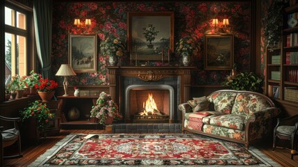 Sticker - A cozy living room adorned with vintage decor, a roaring fireplace, and blooming flowers on a tranquil autumn evening. Generative AI