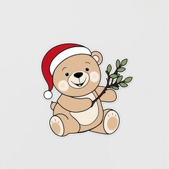 Wall Mural - Cheerful Bear with Santa Hat and Mistletoe Illustration