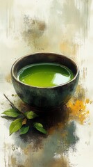 Freshly brewed matcha tea in a traditional bowl, earthy tones, minimalistic composition