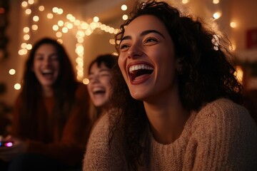 Three friends share a moment of laughter while engaged in video gaming, surrounded by soft ambient string lights, creating an ambiance of warmth and friendship.