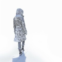 Woman walking away from camera on snow covered ground wearing warm winter clothes covered with snow