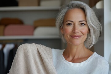 A sophisticated woman with grey hair smiles gracefully in a cozy setting. Her elegant demeanor reflects maturity, confidence, and timeless charm.