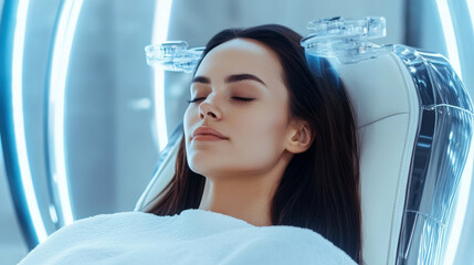 Woman experiencing futuristic facial treatment in hi-tech beauty salon with robotic enhancements