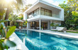 © ViChe Foto&AI - Modern villa with a serene pool surrounded by lush greenery in a sunny landscape