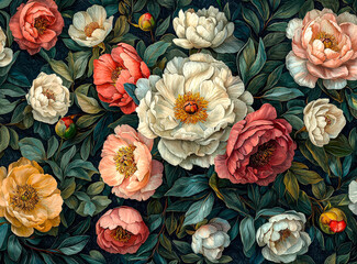 Poster - A variety of peonies in shades of pink, white, and coral fill the canvas, complemented by lush green leaves, evoking a sense of spring and natural beauty