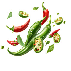 Wall Mural - Fresh green and red chili peppers with sliced pieces and leaves, transparent