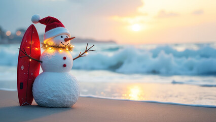 A festive snowman wearing a Santa hat and surfboard on a sandy beach with the ocean as a backdrop. Winter vacation at sea, merry Christmas trip, seasonal offers