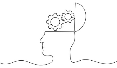 Wall Mural - head with gear wheel inside. cogwheel continuous one line drawing. robot symbol. moving linear cog g