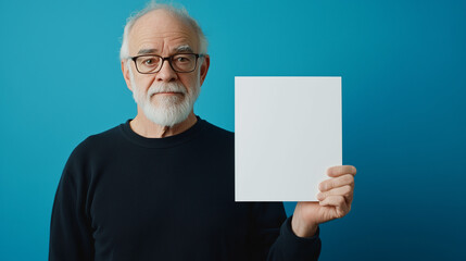 Senior man with white beard holding blank paper against blue background, ideal for social campaigns or presentation concepts