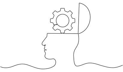 Wall Mural - head with gear wheel inside. cogwheel continuous one line drawing. robot symbol. moving linear cog g